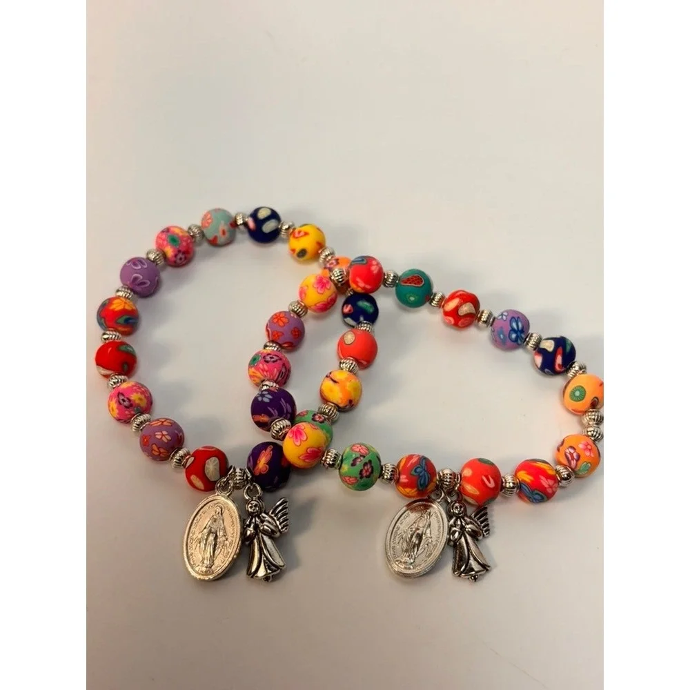 Beaded Stretch Bracelet Set Multicolor Religious Angel Charms‎ Kidcore Boho